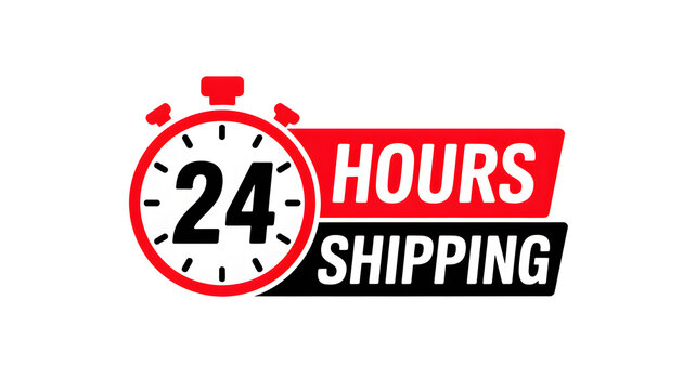 A graphic showing a clock with the number twenty four and the words hours and shipping on a black backgr