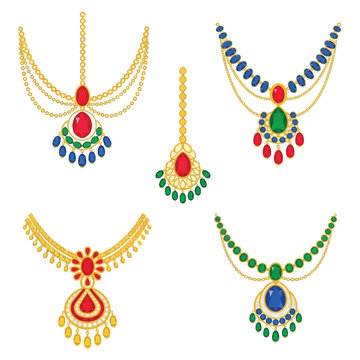 Illustration of five ornate, colorful, and jeweled necklaces and headpieces on a white background.