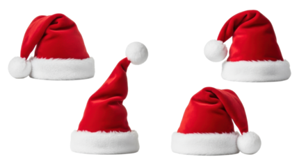 Four identical classic red santa hats with thick white faux fur and fluffy pom-poms, arranged on a transparent studio background, soft lighting, Concept of festive holiday tradition