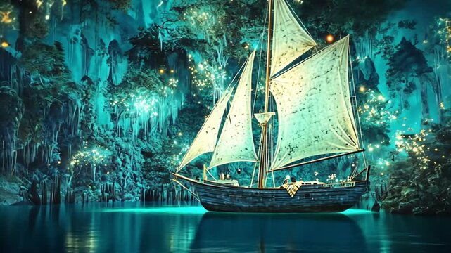 Enchanting Sailing Ship Navigating Through a Mystical Cave Illuminated by Magical Lights