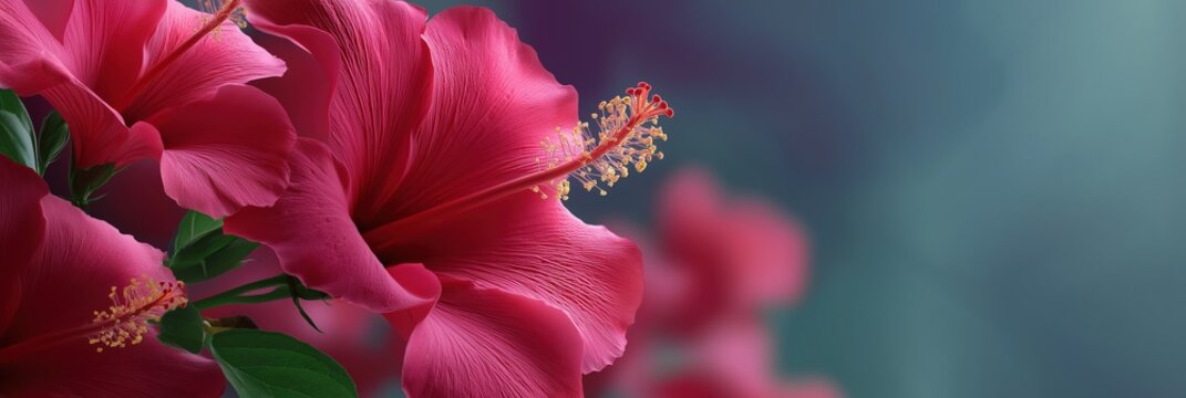 Vibrant pink hibiscus flowers with lush green leaves on a soft blue background