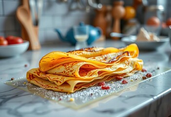 Close-up of delicate, steaming crepes on a kitchen counter,   food photography,   appetizing