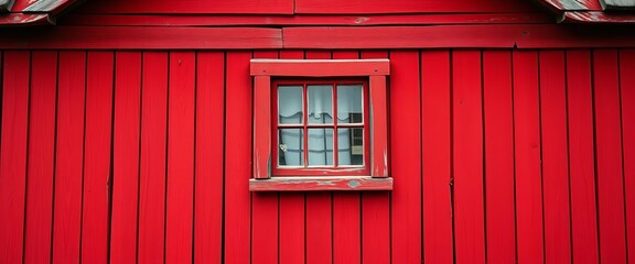 Crimson wooden house, single pane window, weathered wood texture,  facade,  cottage