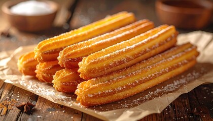 Golden Brown Churros Dusted with Powdered Sugar Arranged on Parchment Paper on a Rustic Wooden Table