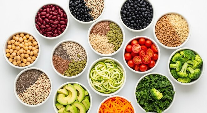 Vibrant healthy plant-based whole foods diverse grains, legumes, seeds, and fresh vegetables in individual white bowls for a balanced diet