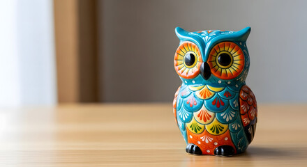 Colorful ceramic owl figurine displayed on wooden desk indoors  