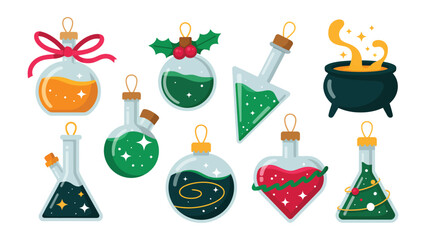 Magical Potion Ornaments: A whimsical assortment of enchanting potion-filled ornaments, each with unique shapes and festive touches, ideal for a touch of magical charm during the holiday season.