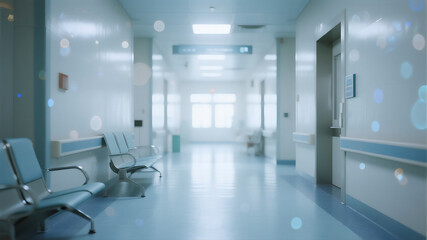 A bright, blurred abstract hospital background with a clean, dominant light blue color theme and ample copy space