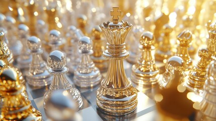 chess battle, victory, success, team leader, teamwork, business strategy, chess gold and silver king surrounded with SILVER and GOLD chess pieces on game competition,  generate by AI