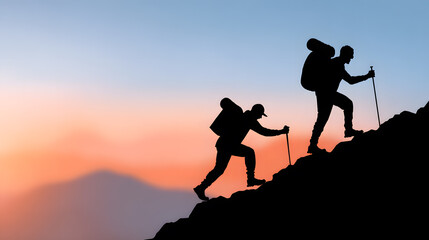 Fototapeta premium two hikers silhouette climbing a mountain with a backpack at sunset, representing journey and perseverance