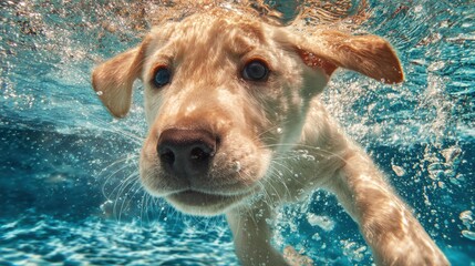 Funny underwater picture of puppies in swimming pool playing deep dive action training game with family pets and popular dog breeds during summer holidays. recreation, relax, generate by AI