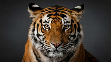 A clean, sharp studio-style portrait of a Siberian tiger's face isolated on a solid, dark background.
