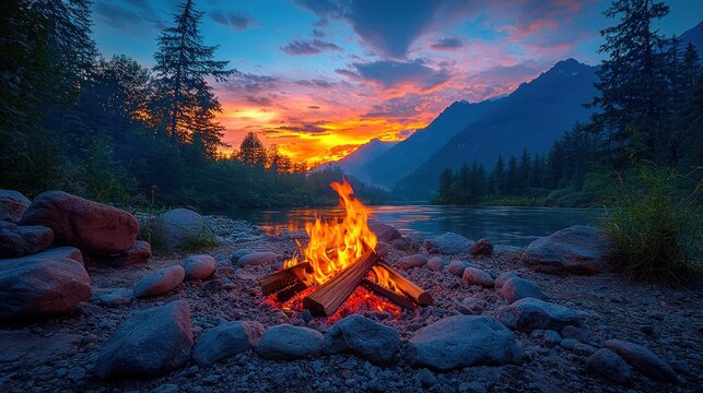 Campfire burning bright near river at sunset, mountains in background