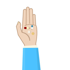 Hand holding medicine pills and capsules on open palm isolated on transparent background.