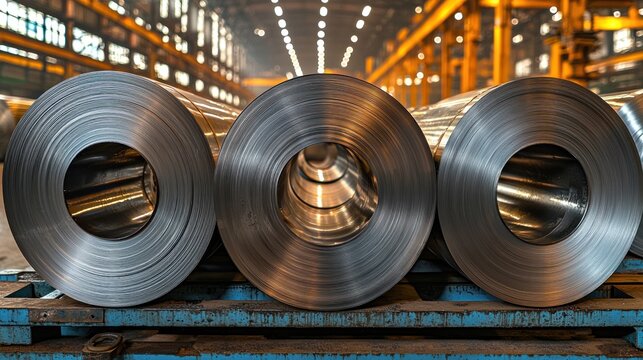 Coiled metal sheets stacked in industrial setting, bathed in warm light