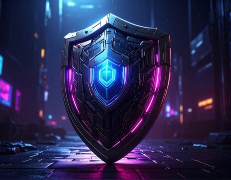 A futuristic, metallic shield glows with neon lights in a cyberpunk cityscape. It features complex, intricate details and a central illuminated emblem