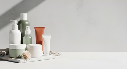 Minimalist Natural Skincare Products Display with Blank Labels and Organic Elements