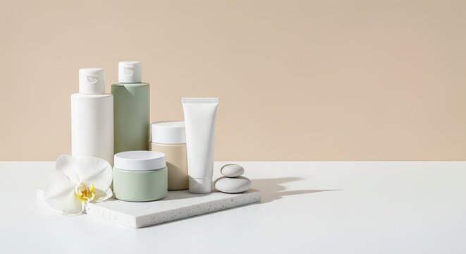 Natural skincare product display with elegant orchid and zen stones on a minimalist background.