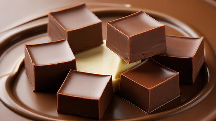 Square pieces of dark and white chocolate arranged on a brown plate