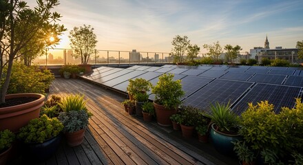 Obraz premium Rooftop garden with solar panels and plants at sunset overlooking the city skyline. Concept of green architecture, renewable energy, and sustainable urban living.