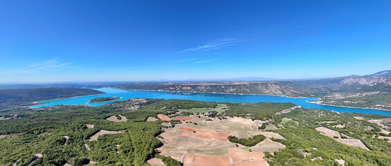 Mountain lake Lac de Sainte-Croix and forest landscape, Alpes-de-Haute-Provence, France, Europe.