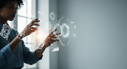 Professional Woman Interacting with Futuristic Holographic Data Visualization