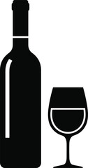 Wine bottle and glass icon, vector illustration of drinking symbols, simple black silhouette design for bar, restaurant, celebration, party, and winery artwork