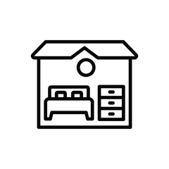 Outlined bedroom icon showing a bed dresser inside of a small house