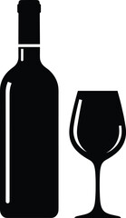 Wine bottle and glass vector illustration, black silhouette icon for bar, restaurant, alcohol, winery, beverage, celebration, party, minimalist, and elegant design artwork