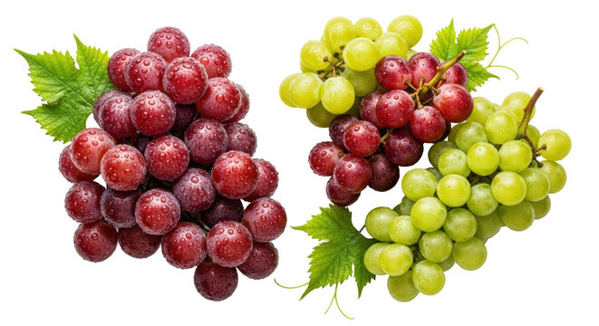 Piles of fresh, ripe dark red, green, and mixed grapes with sparkling water droplets and green leaves, on a transparent background, overhead shot. Concept of natural freshness and healthy eating