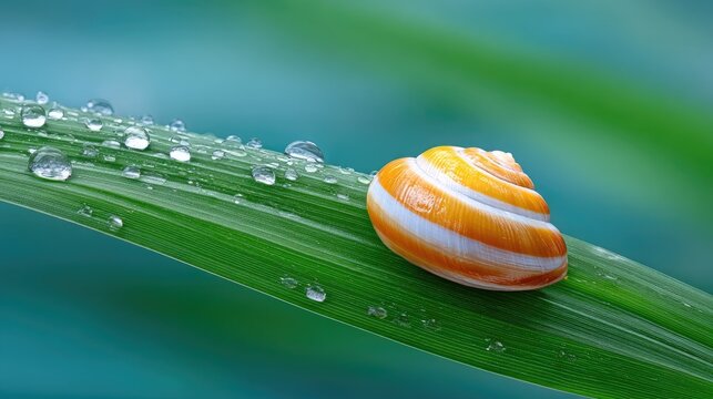 Macro Photo of a Small Orange and White Snail Shell Resting on a Wet Green Blade of Grass with Dewdrops in Soft Blue Green Background Light