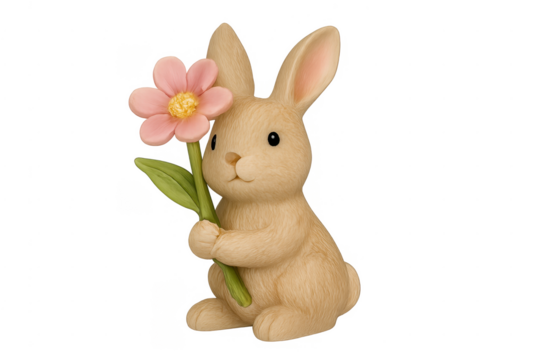 Cute bunny figurine holding pink flower