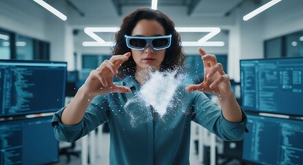 Woman in AR glasses interacting with a holographic projection in a tech lab.