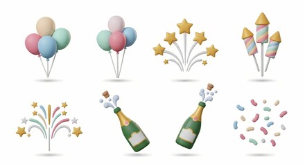 Stylized 3D render of a celebration icon collection with party symbols like balloons and fireworks