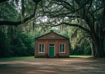 Small, weathered brick house with a green door, nestled under the canopy of ancient, mossdraped oak trees