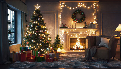 Cozy Christmas Eve scene with a decorated tree, fireplace, and gifts