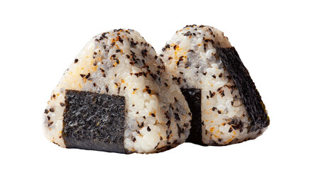 Two triangular onigiri, topped with sesame seeds and nori