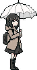 pixel illustration of rainy day girl with umbrella