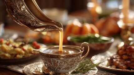Obraz premium Close-up of gravy boat pouring sauce, Thanksgiving table full of food, ultra detailed 8k