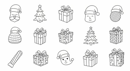 Hand-drawn Christmas doodle icon set with Santa Claus, gift boxes, and festive trees. A simple black and white line art collection for the holiday season
