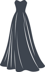 A silhouette of a dark gray, floor-length ball gown with a sweetheart neckline and a full, flowing skirt.