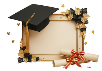 Graduation cap diploma frame with decorative elements isolated on transparent background