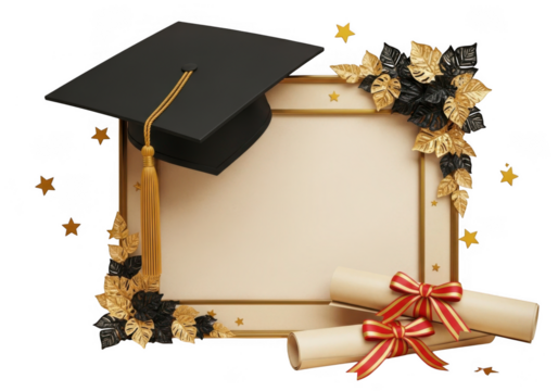 Graduation cap diploma frame with decorative elements isolated on transparent background