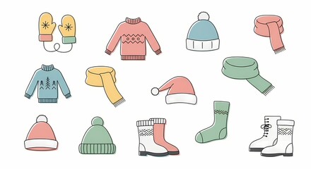 A charming collection of cute winter clothing and cozy accessories illustrated in a clean line art style. This set includes sweaters, hats, mittens, scarves, and boots