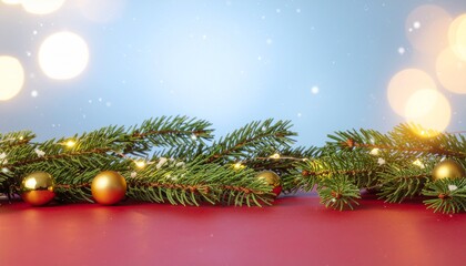 Christmas Ornaments on Pine Branches with Bokeh Lights for Holiday Background