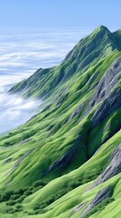 Lush Green Alpine Mountain Slopes Covered In Grass With Rocky Outcrops And Wispy Clouds Below Under A Clear Blue Sky