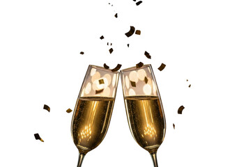 Two champagne flutes clinking together with splashes isolated on transparent background