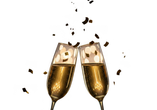 Two champagne flutes clinking together with splashes isolated on transparent background - Powered by Adobe