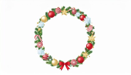 Festive Christmas wreath adorned with baubles, candy canes, and snowflakes, a circular holiday decoration