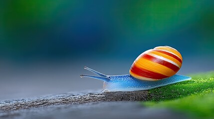 Macro Close Up Of A Snail With A Brightly Striped Shell Crawling On A Mossy Stone With A Soft Blue Green Bokeh Background